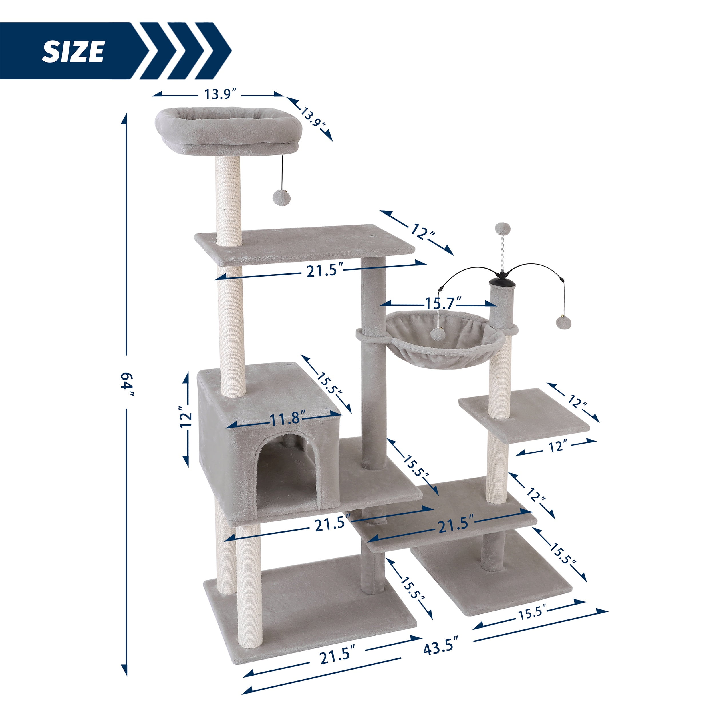 Vibrant Life 64” Multiple Level Cat Tree Tower with Condo and Hammock, Light Gray