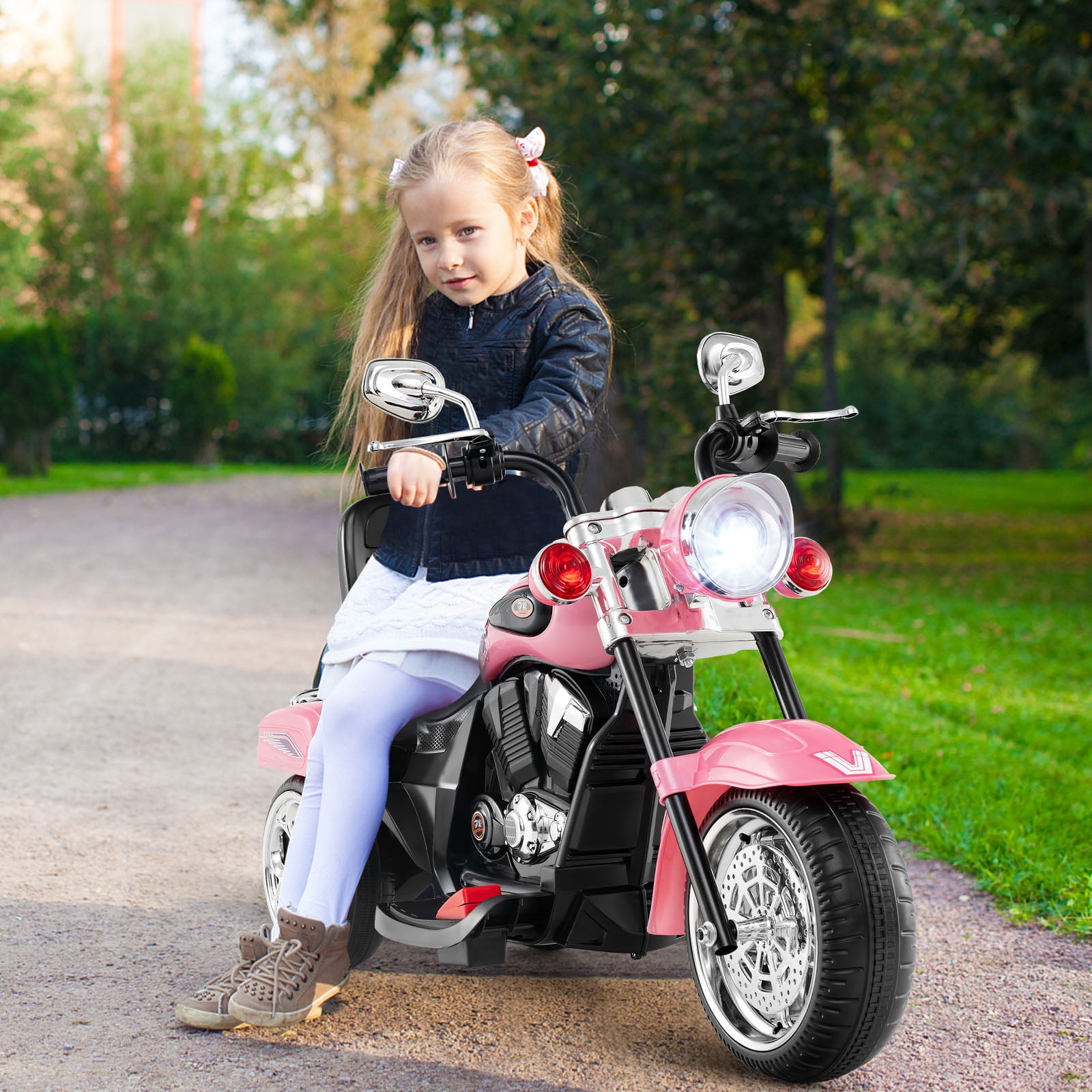 Gymax 6V Electric Kids Motorcycle 3-Wheel Ride On Toy w/ Adjustable Headlight Pink