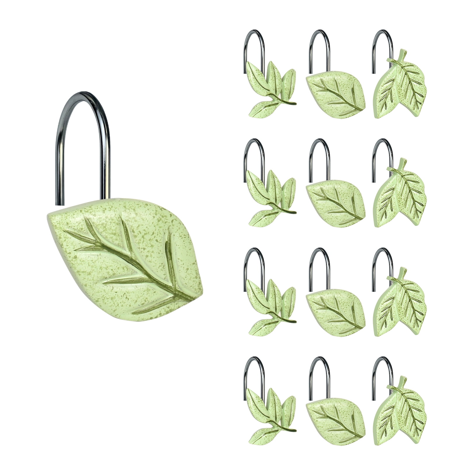 Sunlit Light Green Plant Leaves Shower Curtain Hooks, Tropical Botanical Plam Tree Leaf Shower