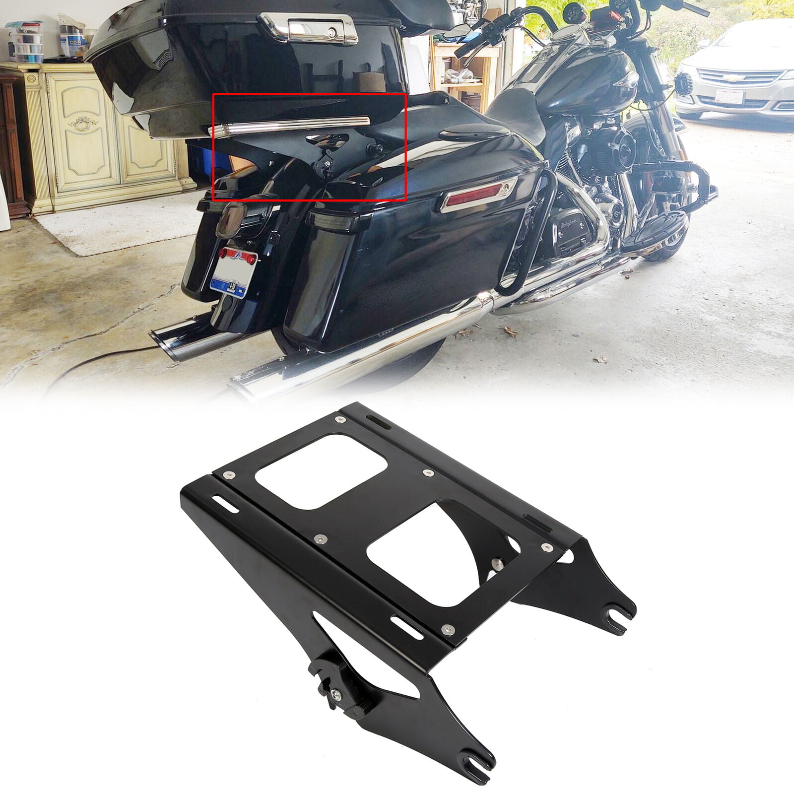 XFMT Black Detachable Tour Pak Pack Two Up Luggage Rack Mounting Compatible with Harley Davidson FLHT FLHX FLTR Electra Road Glide Touring Models 1997-2008