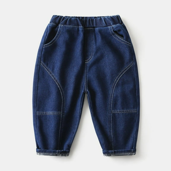 Eltusu Jeans for Boys, Elastic Bottom Fashion Looose Elastic Waist Denim Pants Dark Blue Size 7 T