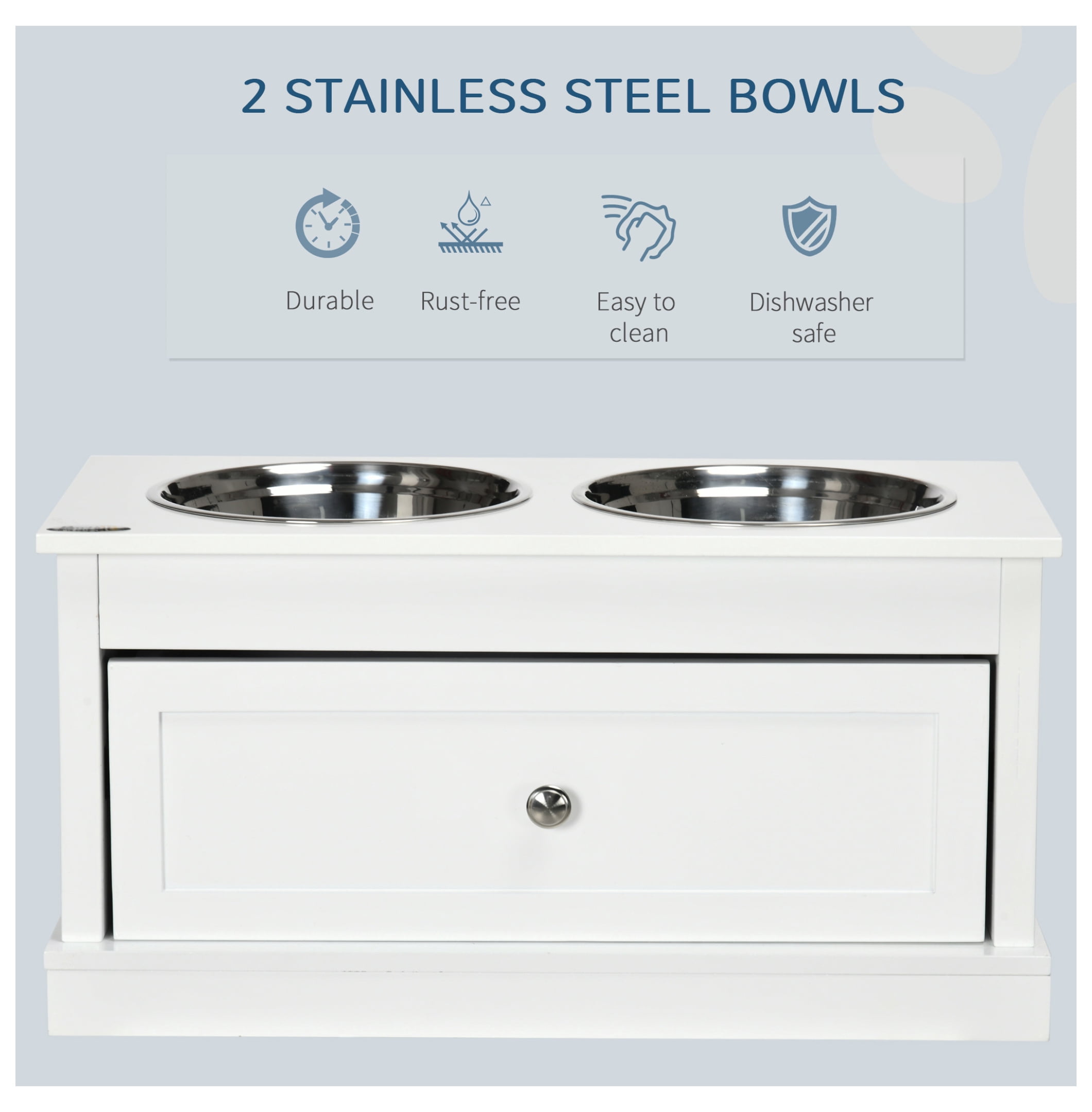 Raised Dog Bowls with Storage, Large Elevated Dog Feeder Stand, 11L Capacity, Stainless Steel Bowls, White Pet Feeding Station