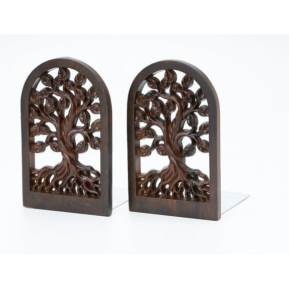 Handicraftviet - Hand Carved Tree of Life Bookends for Decorative, Wooden bookends for Shelves,1 Pair (Tree of Life)
