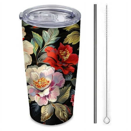 

Floral pattern in the style of traditional Chinese art-Insulated Car Cup 20 oz Stainless Steel Travel Tumbler with Reusable Straw & Brush Hot & Cold Drinks Coffee/Tea/Office/Outdoor Drinkware