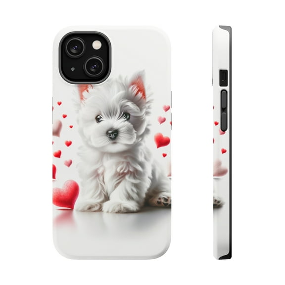 DistinctInk MagSafe Tough Case for Apple iPhone 13 Mini (5.4" Screen) - Valentine's Day West Highland White Terrier Puppy - Lightweight Grip