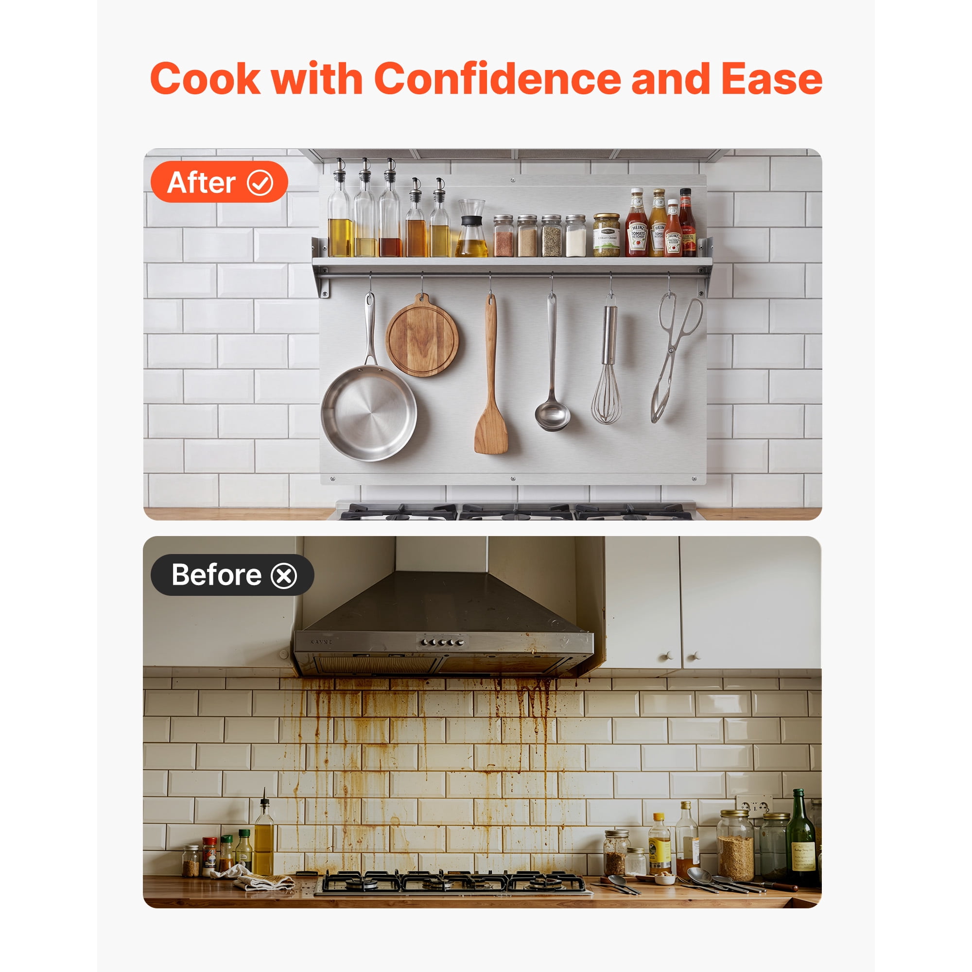 KFFKFF 30" x 24" Stainless Steel Stove Backsplash, Flat Splatter Guard with Shelf & Hanging Rack, Wall Protector Panel, Easy to Clean, Pre-Drilled Holes for Quick Installation