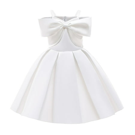 

TAGOLD Toddler Girls Solid Color Temperament Bowknot Off Shoulder Pleated Skirt Birthday Party Gown Long Dresses White 4-5Years（4-5Y）