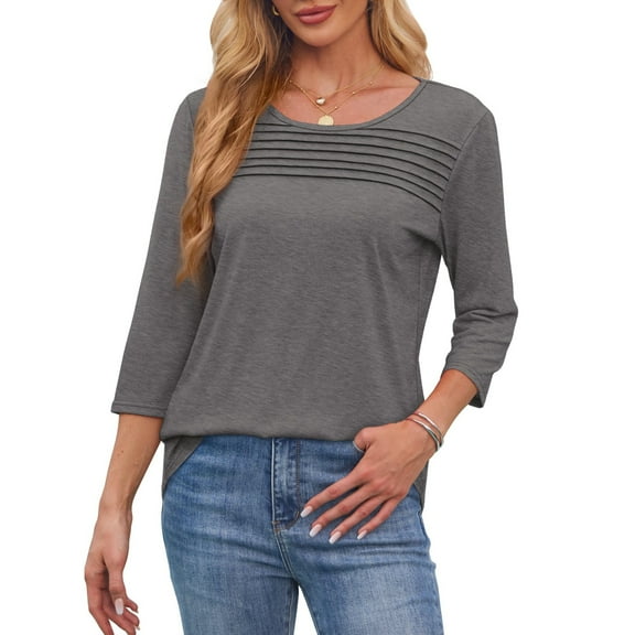 Womens Tops 3/4 Length Sleeve Blouses Dressy Casual Spring Summer Outfits Pleated Front T Shirts Curved Hem