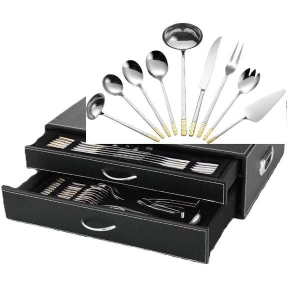 86-Piece Stainless Steel and Gold Flatware Set for 12 - Heavyweight 18/10 Silverware, Geometric Gold