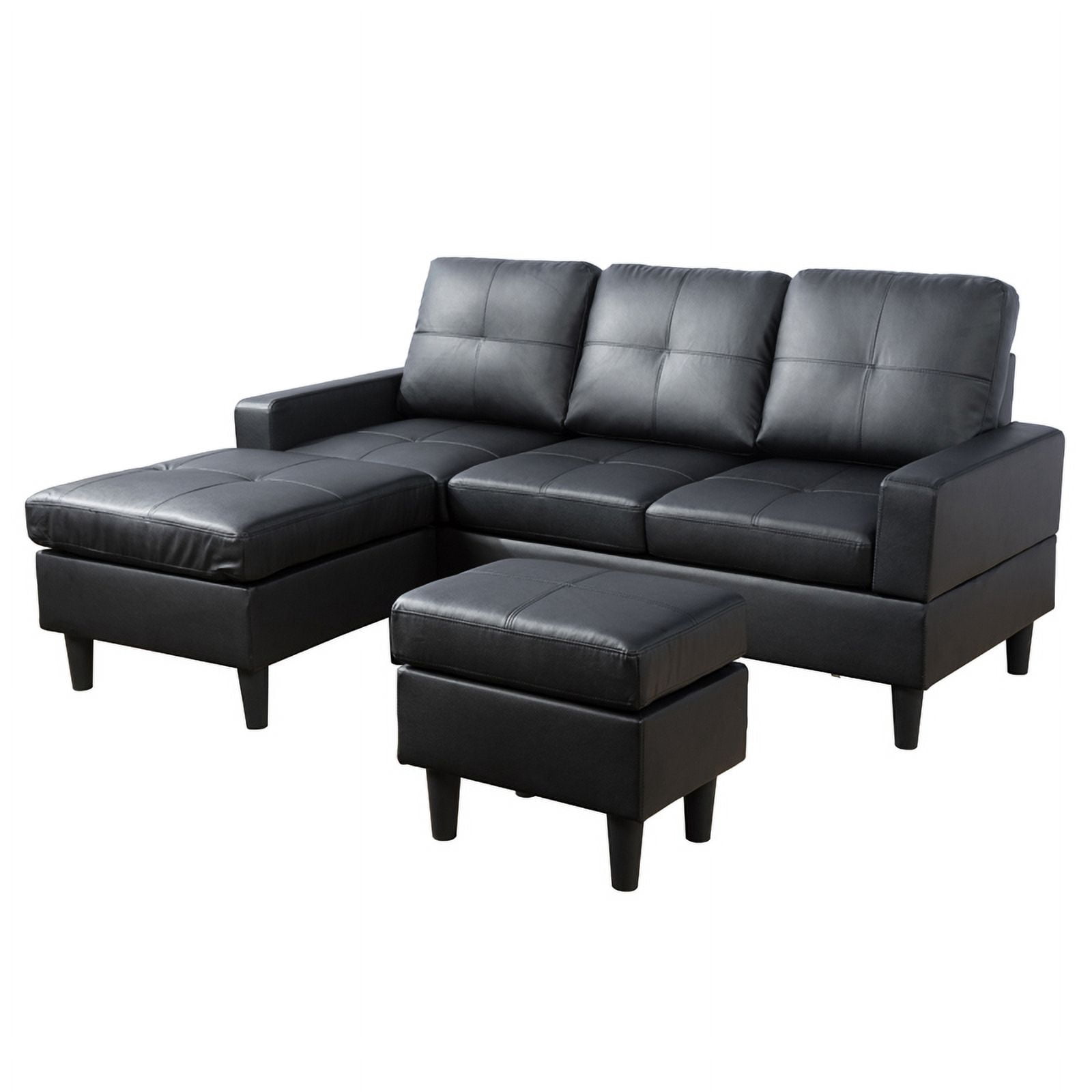 PonLiving Convertible Living Room Sectional Sofa with Reversible Chaise & Ottoman Black PU Leather