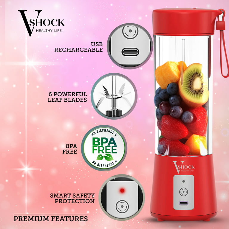 V-Shock. Healthy Life! Mini Cordless Portable Personal Blender for Shakes  and Smoothies, USB Rechargeable, 16 oz. Jar with Leakproof Travel Lid, 6  Stainless Steel Blades - Red 