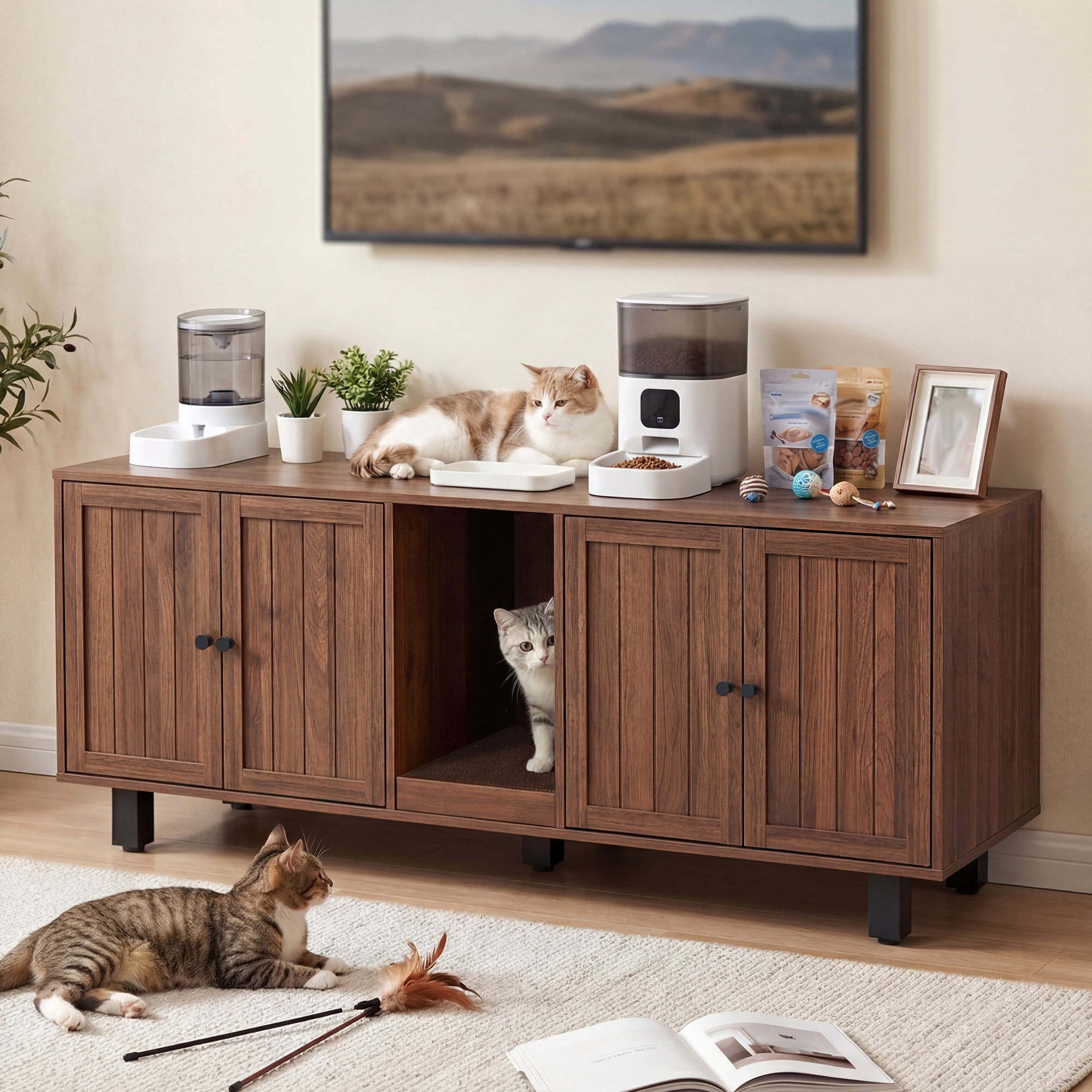 59" Double Cat Litter Box Enclosure Furniture, Hidden Litter Boxes Furniture with Cat Scratch Pad & Wide Access Doors, Versatile as TV Stand or Sideboard in Walnut