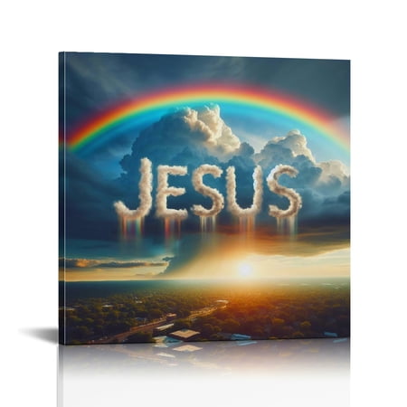 Jesus wall art decor Christian wall art Jesus Rainbow clouds Canvas Wall Art Print Jesus Decorations Religious Christian Gifts for Church Prayer Room Living Room Home Decor Gift Wooden Framed
