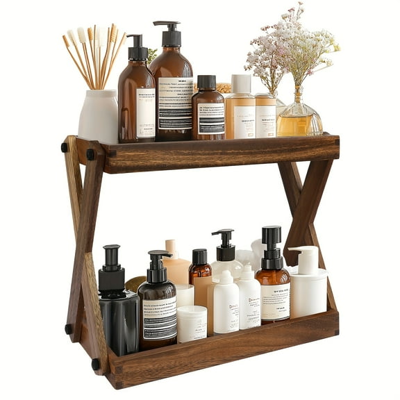Countertop Organizer, 2 Tier Wooden Storage Rack, 14.57x7.09x11.81inch Rustic Wood Shelf for Kitchen Counter, Bathroom Countertop, Kitchen Spice Rack Organizer, Home Decor Housewarming Gift