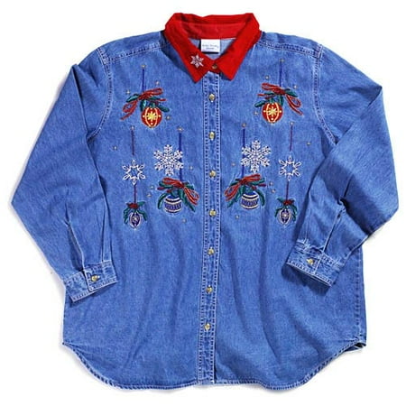 Christmas Ornament Embroidered Denim Shirt