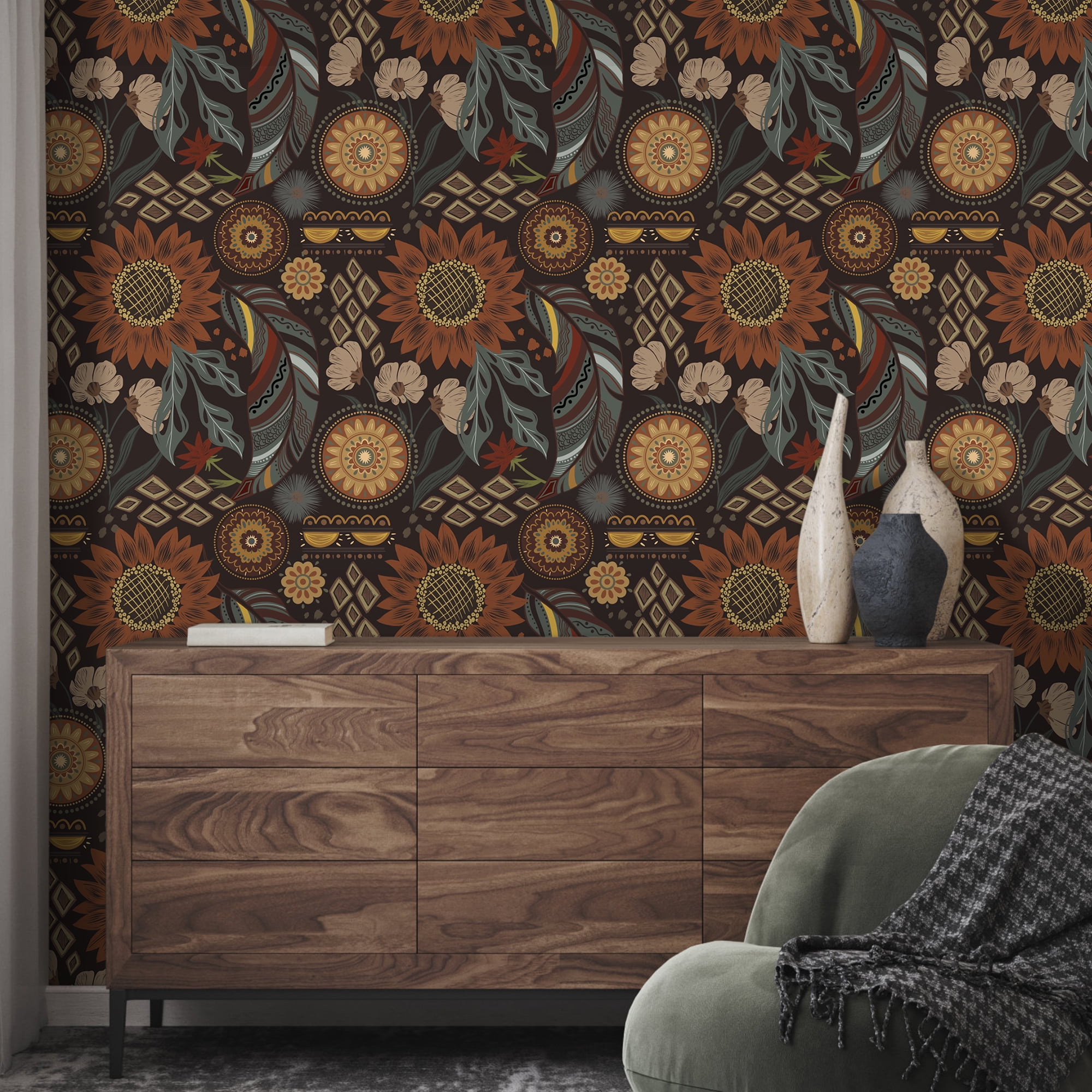 Abyssaly 17.7" x 393.7" Floral Peel and Stick Wallpaper Boho Wallpaper Removable Vintage Flower Contact Paper Retro Mural for Wall Decor Bedroom Bathroom