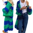 thumbnail image 2 of Females Color Block Striped Cardigan Sweaters Loose Knitted Long Open Front Cardigan Green XL, 2 of 7