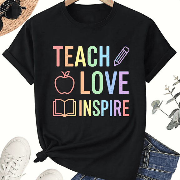 Teach Love Inspire Teacher T-Shirt for Women, 100% Cotton Crew Neck Short Sleeve Shirt, Colorful Classroom Icons