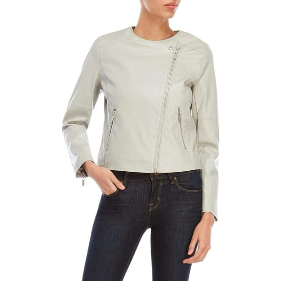 Bagatelle Collarless Faux Leather Peplum Jacket (Medium, Grey)