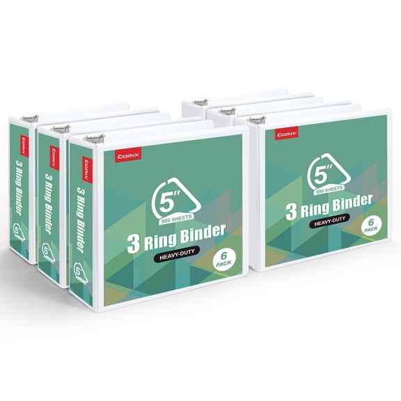 Comix Heavy-duty 5 Inch 3 Ring Binder with Clear Cover, D Ring, 950 Sheets Capacity, Office School Supplies, 6-Pack White