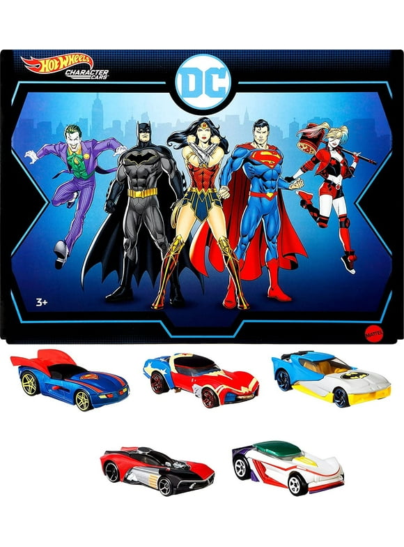 Hot Wheels DC 5-Pack of 1:64 Scale Collectible Vehicles Themed to Superman, Batman, Wonder Woman, The Joker GT and Harley Quinn, Gift for Collectors Ages 3 & Up
