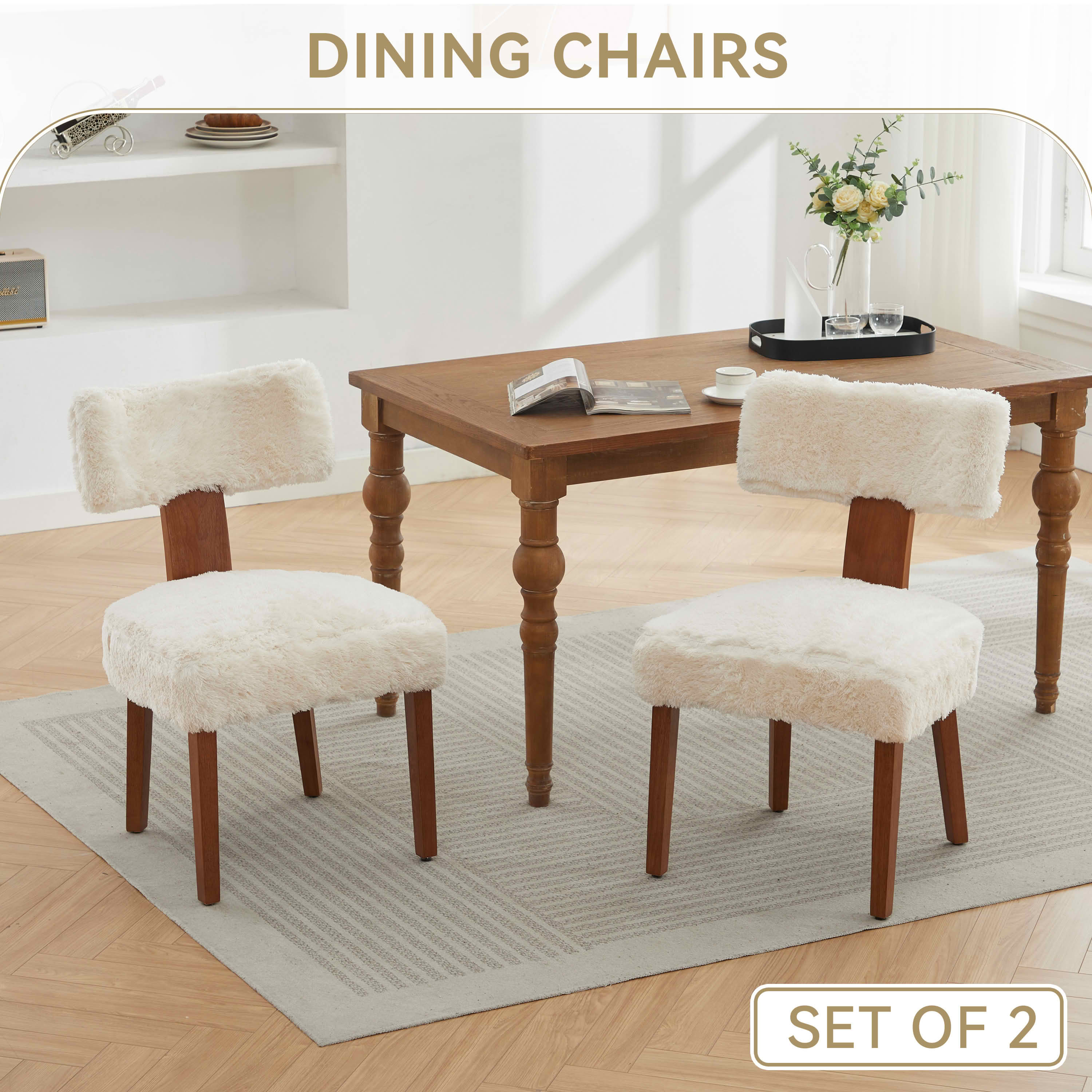 MAYEERTY Set of 2 Fur Fabric Modern Armless Dining Chairs, Curved Backrest & Solid Wooden Legs, for Dining Room & Living Room, Ivory