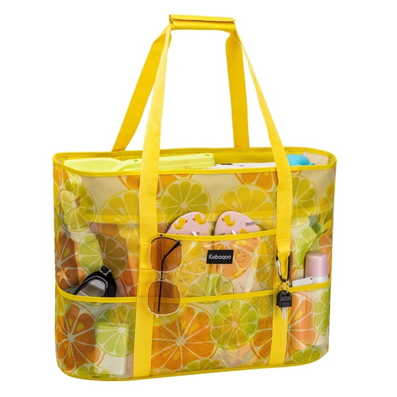 Women Extra Large Beach Bag Shop Grocery Bag Picnic Mesh Tote Bag with Zip and Pocket Lemon