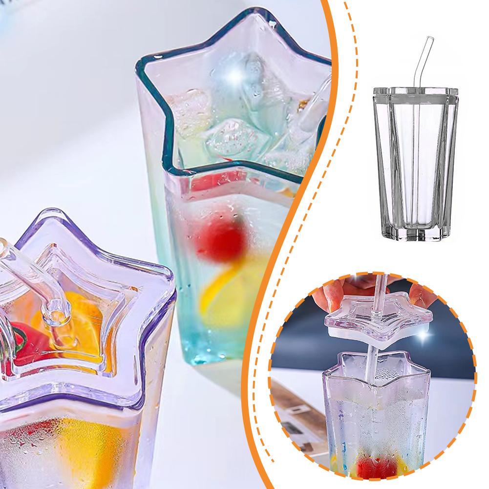 VIVIDCRAFT Pentagonal Star Glass Straw Cup with Lid,color Gradient W9 ...