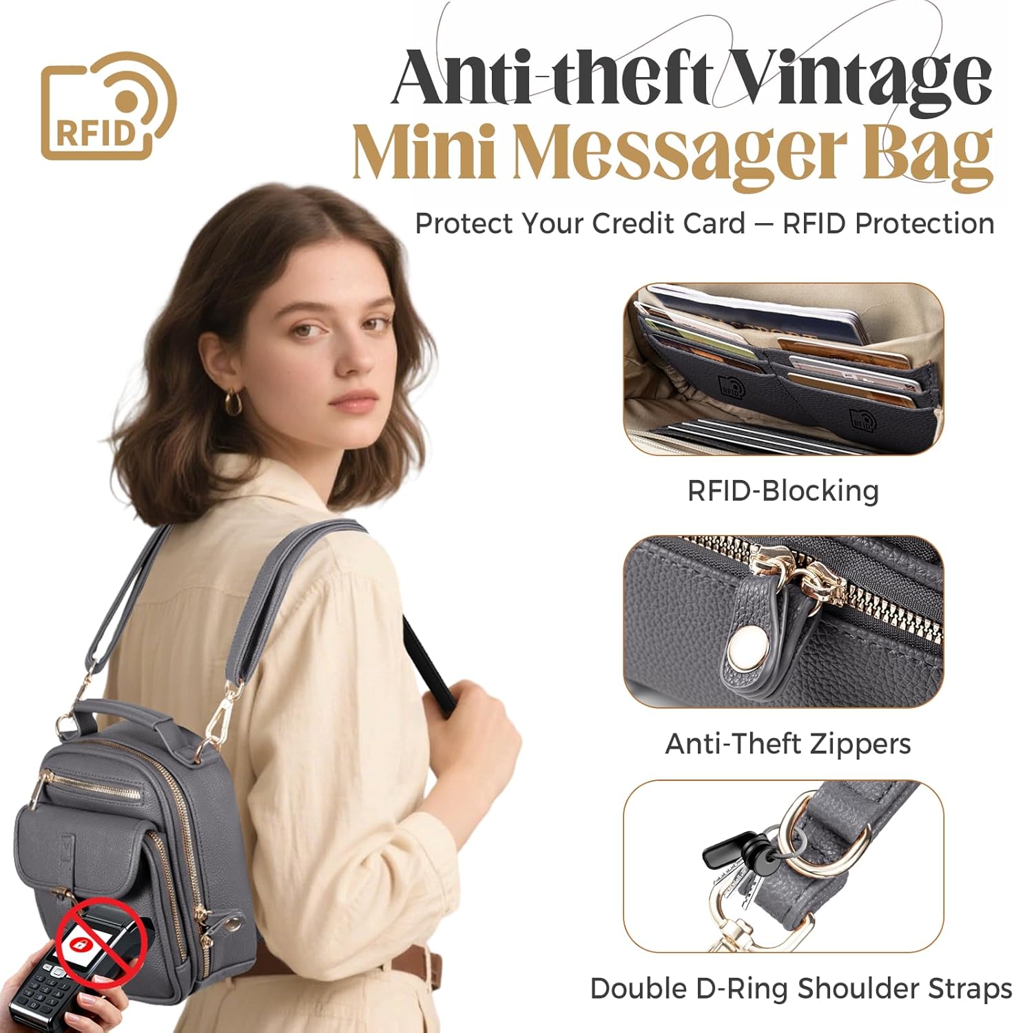 Vegan Crossbody Leather Bag for Women with 2 Adjustable Straps, Anti-Theft RFID Messenger Bag with Wallet, Small Shoulder Bag for Daily Travel