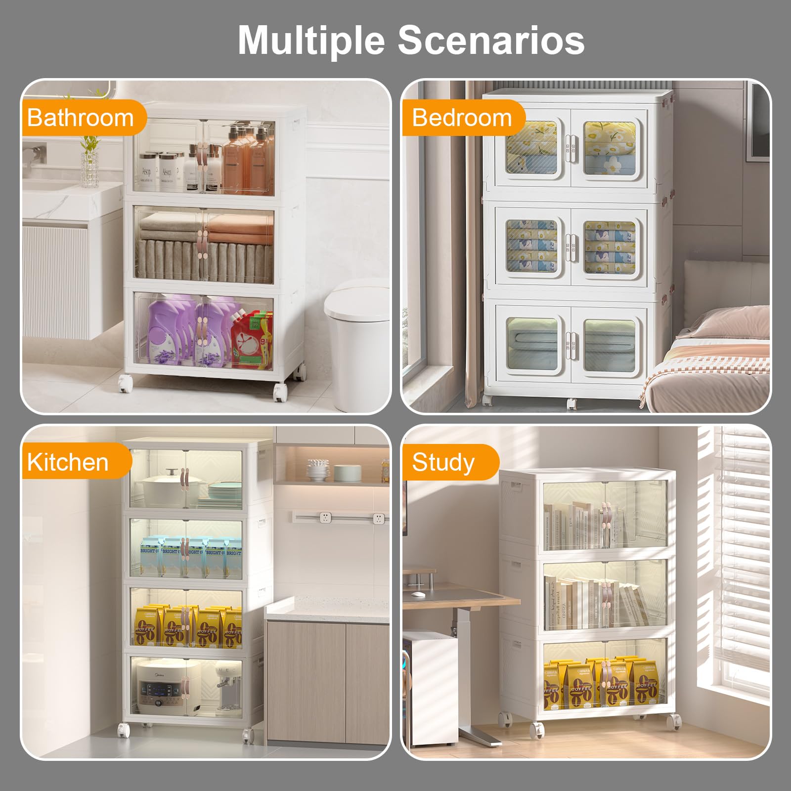 UAMFURI 640QT Stackable Storage Bins with Lids and Wheels, Foldable Closet Organizers, 40GAL*4Pack Plastic Storage Drawers for Kitchen, Bedroom, Dorm