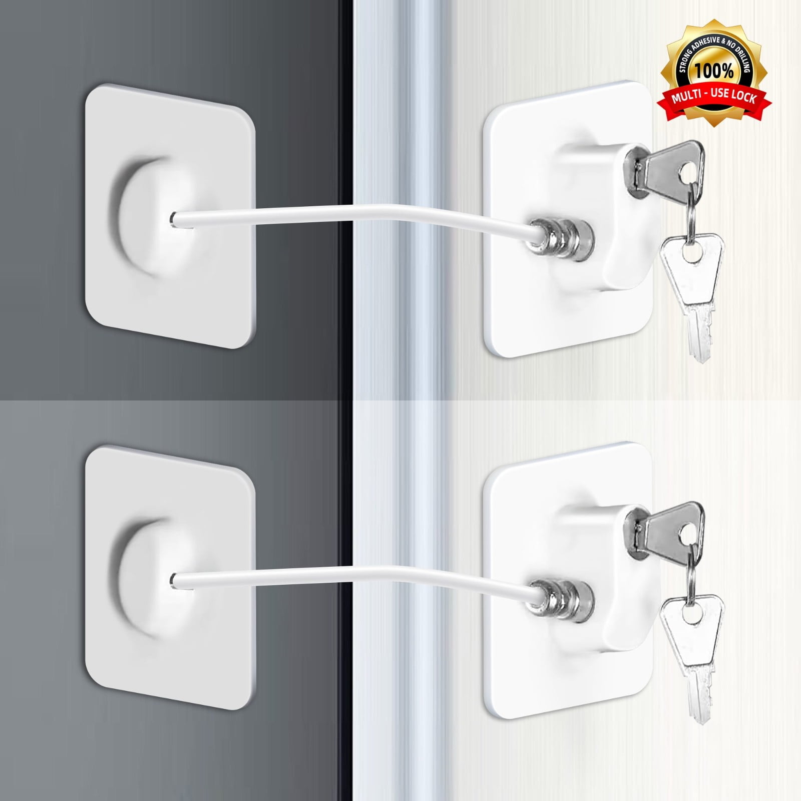 Fridge Lock, Refrigerator Lock with Keys for Fridge, Cabinet Locks, Drawers, Dishwasher, Toilet and Child Proof Safety Cabinet Locks, Adhesive No Drilling, 4 Pcs