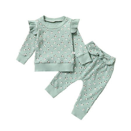 

Toddler Baby Girls Knit Long Sleeve T Shirt Ribbed Sweatshirt Top Floral Pants Tracksuit Clothes