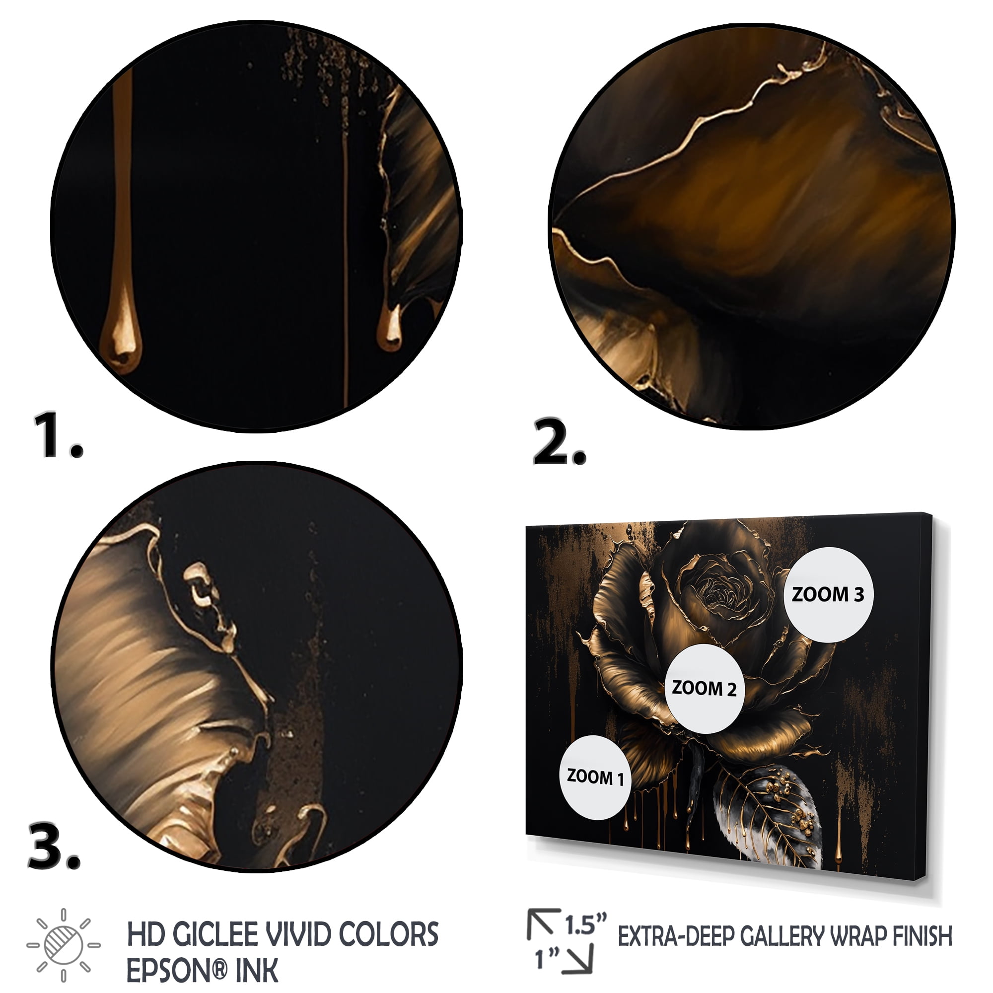 Designart Black And Gold Rose III Canvas Wall Art