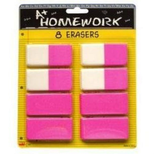 a+ homework erasers pink 8 pack large beveled