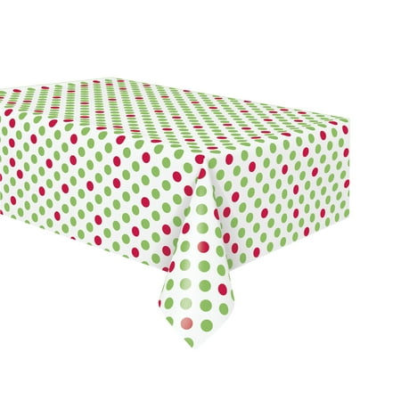 Unique Red and Green Polka Dot Christmas Plastic Tablecloth, 108 x 54 in, Red and Green, 1ct