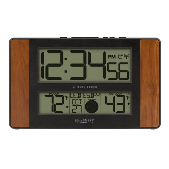 La Crosse Technology Atomic Digital Clock with Temperature and Moon Phase, Cherry finish, 513-1417CH