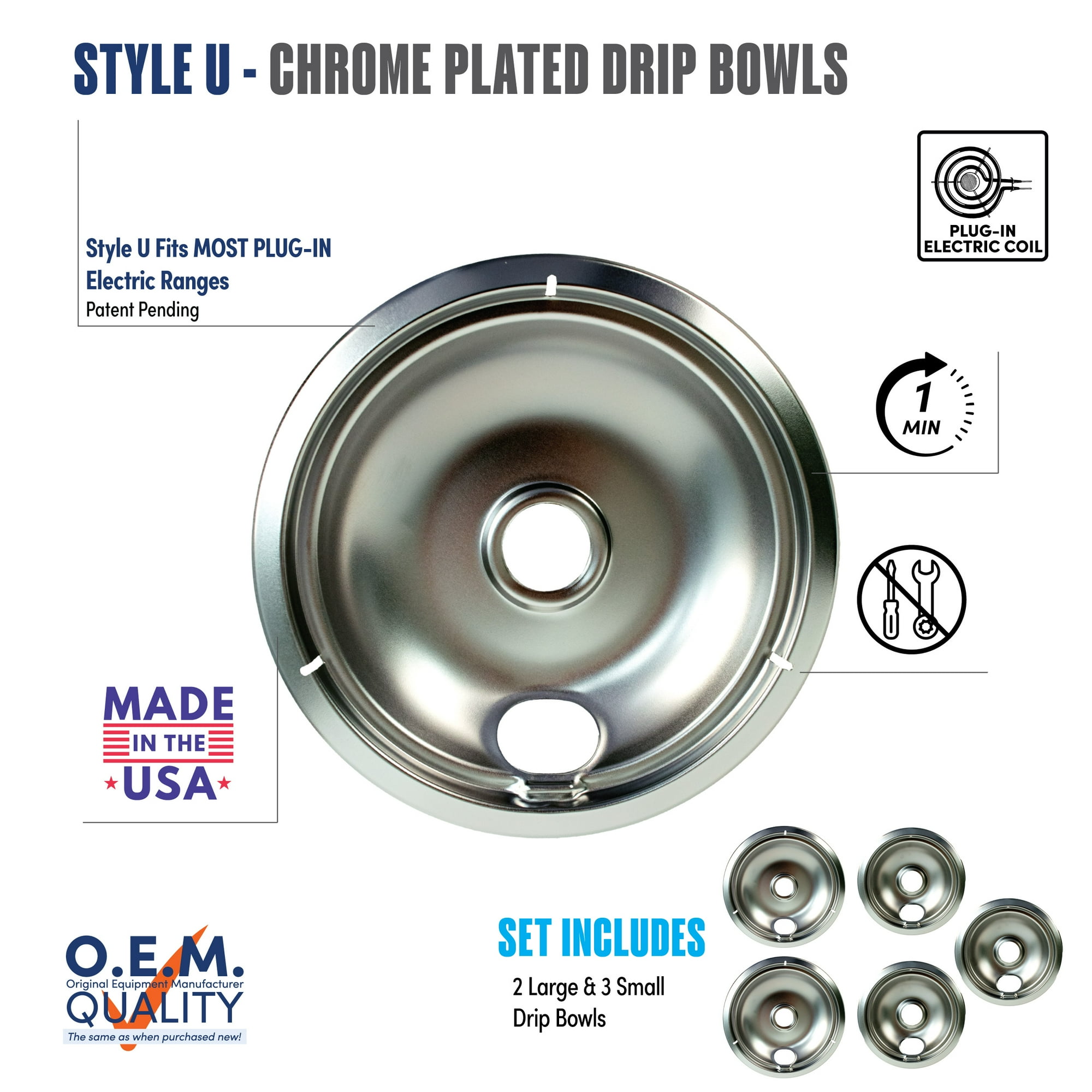 Range Kleen 20125A Heavy Duty Chrome Plated Universal Drip Pans - 5 Pack