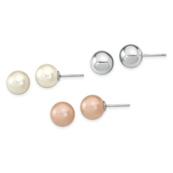Beautiful Sterling Silver Rh-pl 10-11mm Wht/Pink Imitation Shell Pearl 3 Earring Set