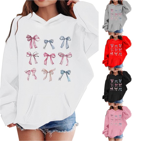 Girls Bow Print Hoodie Long Sleeve Sweatshirt Casual Pullover Top For Kids