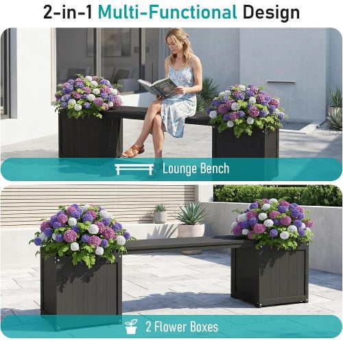 HDPE 2-in-1 Outdoor Bench with Flower Boxes, Open-Bottom Planter, Garden Patio Seating, 71 in W, Black