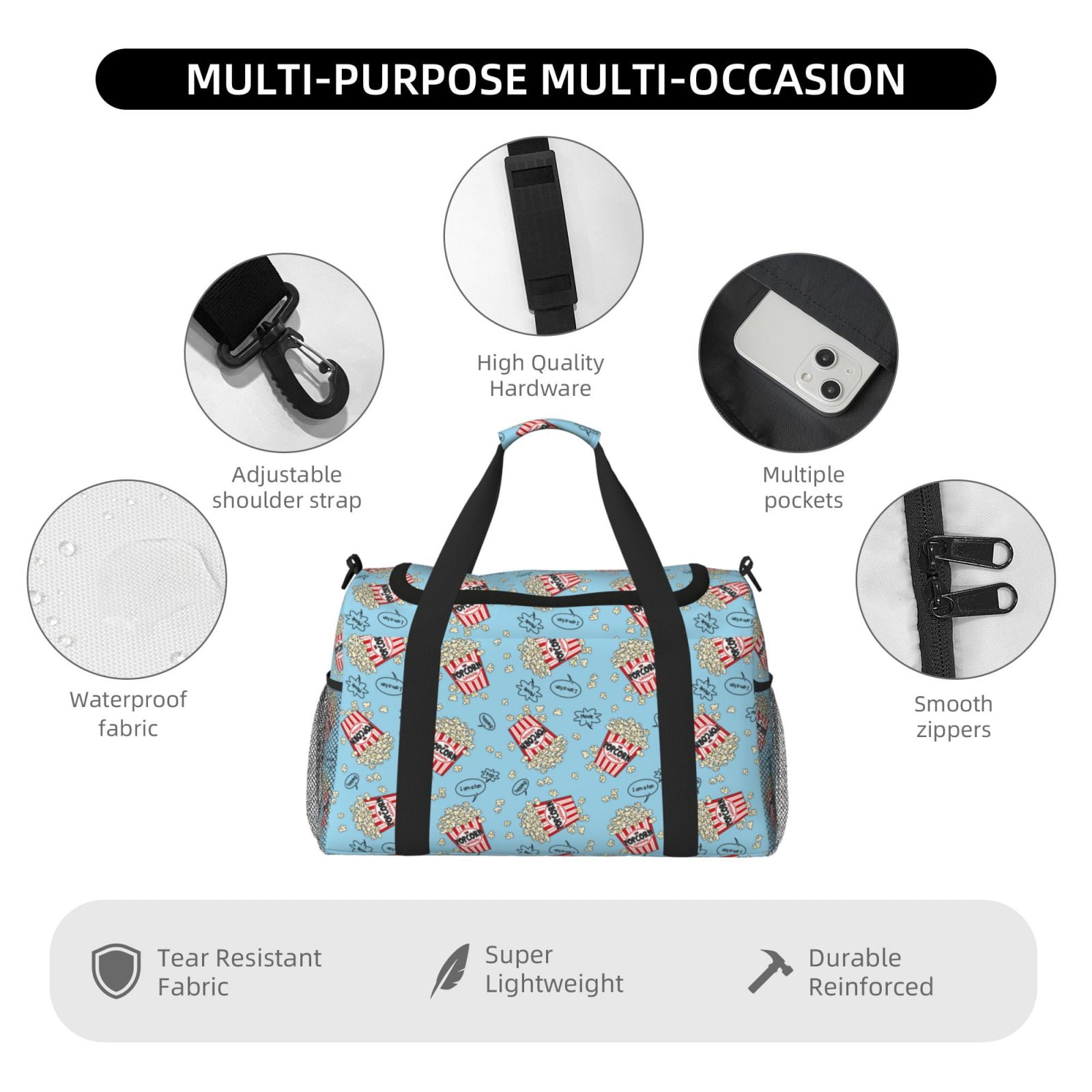 Fuzoiu I Am A Fan Popcorn Print Travel Duffle Bag,Carry On Tote Bags,Duffel Bag,Sport Gym Bag, Hospital Bag for Labor and Delivery, Overnight Bag,Luggage Bag