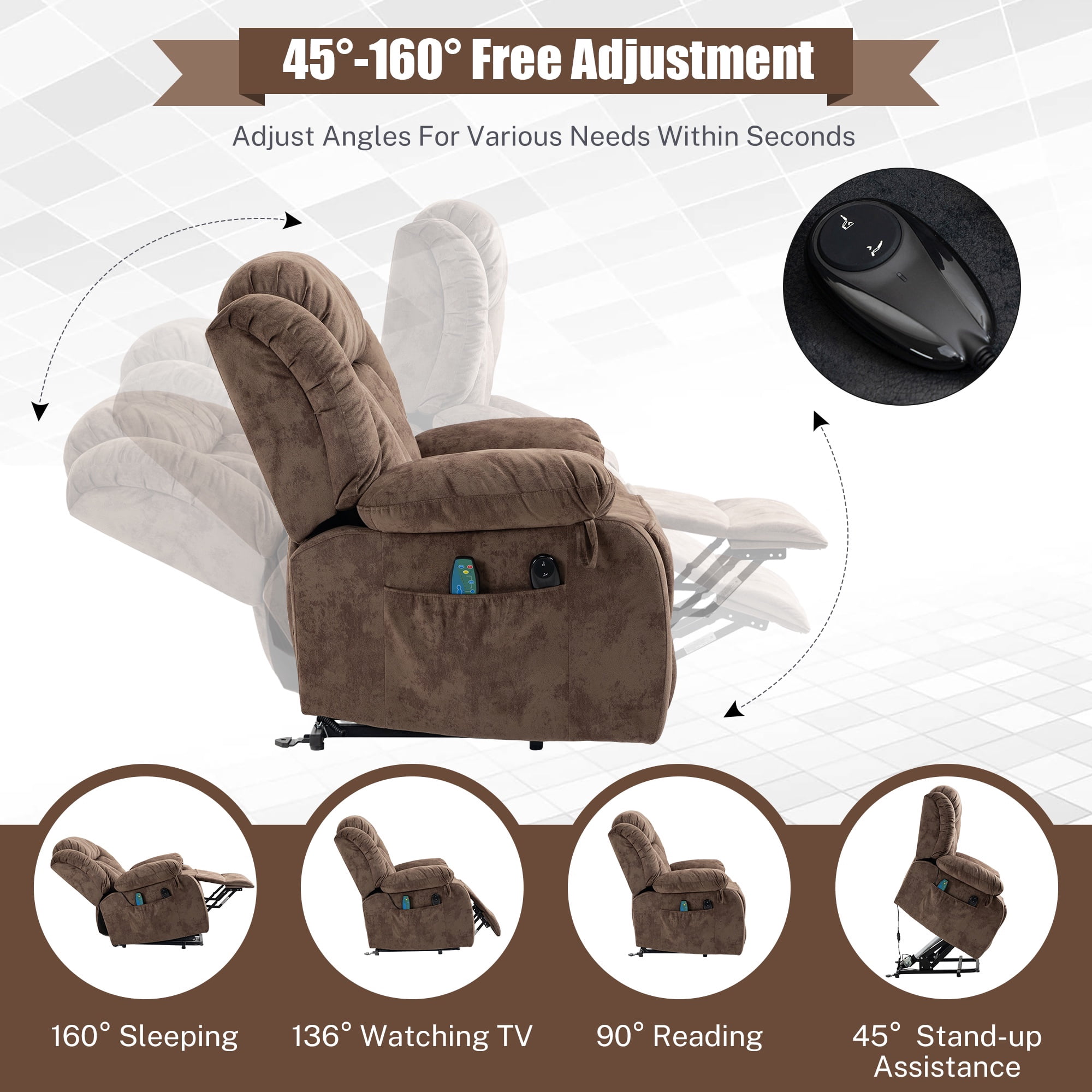 Power Lift Recliner Chair with Heat and Vibration Massage, UHOMEPRO Modern Fabric Elderly Electric Reclining Sofa with Remote Control and Side Pockets for Living Room Home Theater, Light Brown