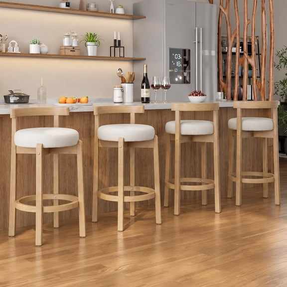 Modern Counter Height Bar Stools Set of 4 – Upholstered Seat with Curved Backrest & Solid Natural Wood Legs for Kitchen Island, Home Bar