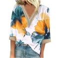 thumbnail image 2 of Viluyesy V-Neck T-Shirt for Womens 3/4 Sleeves Shirt Tops Lace Relaxed Loose Blouse Yellow Size S, 2 of 4