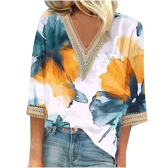 CYMMPU Loose Fit Lace V Neck Spring Tunic Tops Summer Trendy Shirts Floral Printed Blouses for Women Dressy Casual 3/4 Sleeve Business Elegant Work Tops T-Shirts Yellow XL