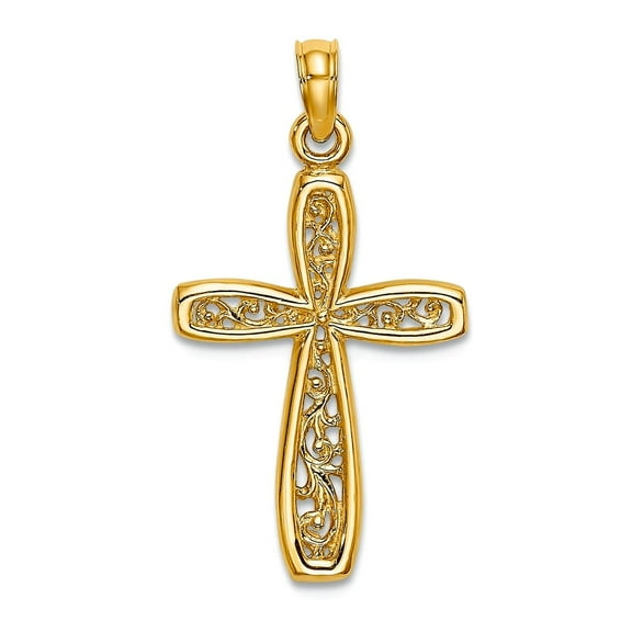 15mm 14k Gold Religious Faith Cross With Filigree Center Pendant Necklace for Women
