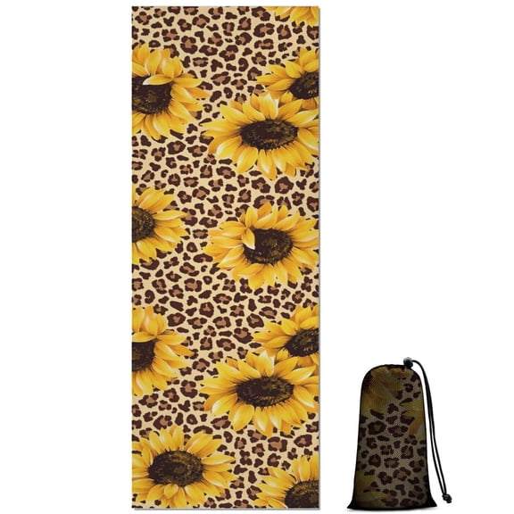 Beige Leopard Sunflower Pattern Hot Yoga Mat Towel Non Slip for Hot Yoga - Quick-Drying Yoga Mat Cover with 4 Corner Pockets with Travel Bag - Hot Yoga Towel Non Slip 70"x26"