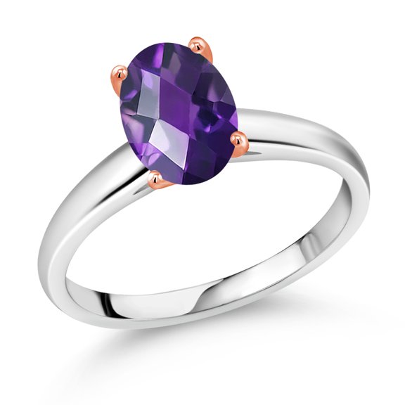 Gem Stone King 1.50 Ct Oval Checkerboard Purple Amethyst 925 Silver and 10K Rose Gold Ring Ring (Size 8)