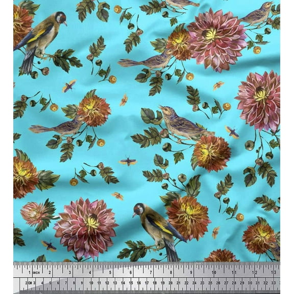 Soimoi Blue Cotton Duck Fabric Leaves,Sparrow & Dahlia Floral Print Fabric by Yard 42 Inch Wide