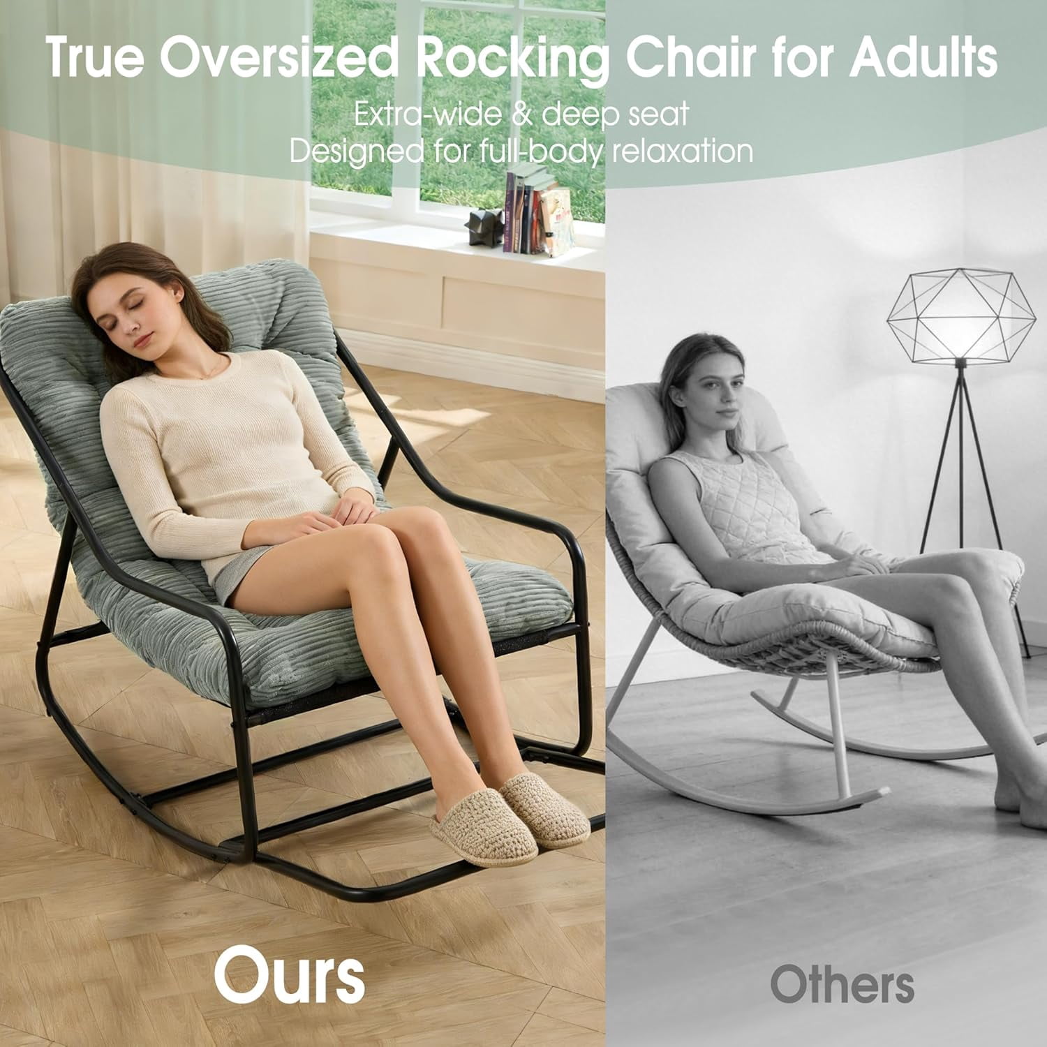 MOONMISS Rocking Chair with Soft Comfy Thick Cushion,Indoor/Outdoor with Footrest,Beige